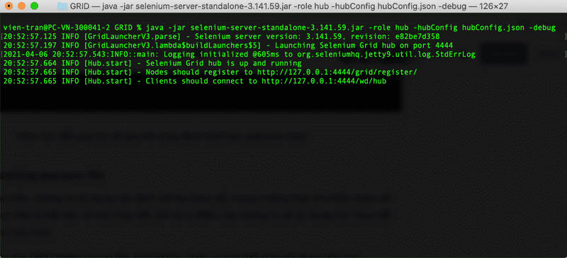 Hình 2.0: Kết quả trả về sau khi chạy lệnh khởi tạo Selenium Hub với file json config